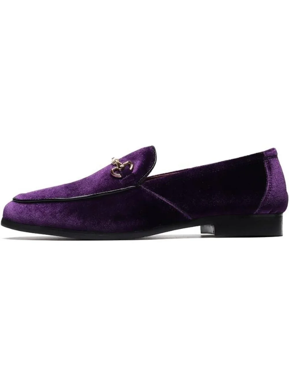 LCQL Men's Purple Leather Velvet Loafer Gold Buckle Slip On Comfortable Shoes